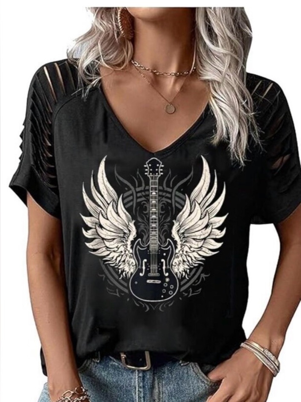 Rock ‘n’ roll / country guitar with wings, V-neck, black T-shirt, size large